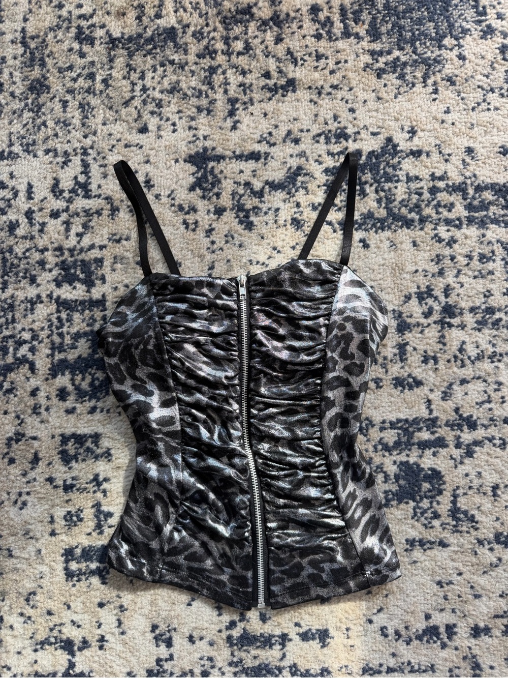Ruched Zip-Front Leopard Cami Top - Black/Silver